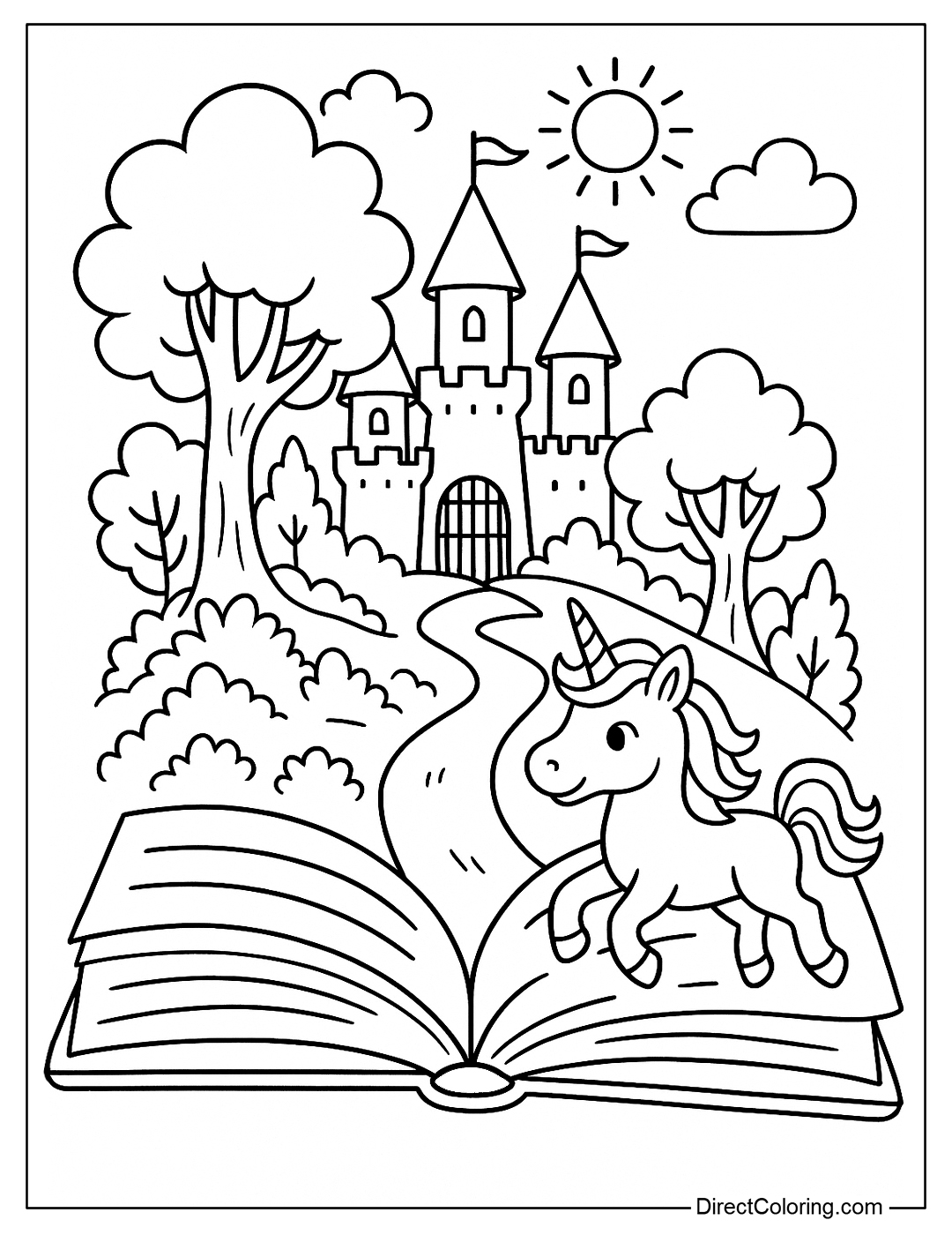 Summer reading coloring page with books that open up imaginary worlds: forests, castles, unicorns